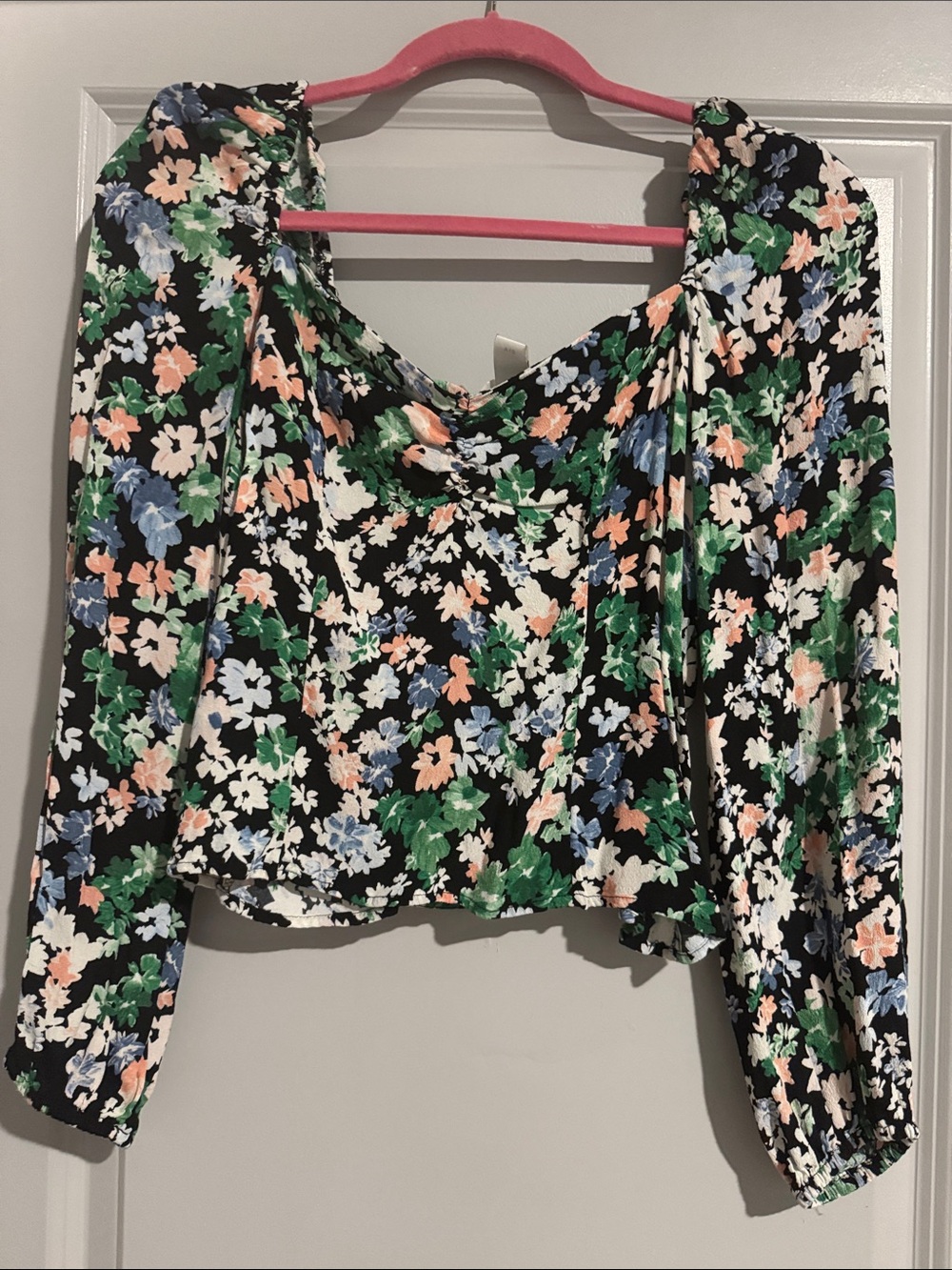 H&M Black Floral Puff-Sleeve Blouse with Green, Blue & Peach Flowers